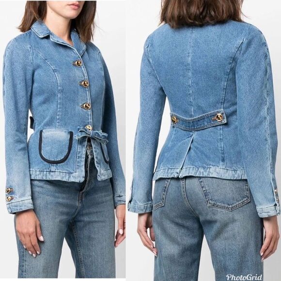 Revolve Cormio Cynthia Collared Button Down Bow Detail Denim Jean Jacket Size L - Picture 3 of 12